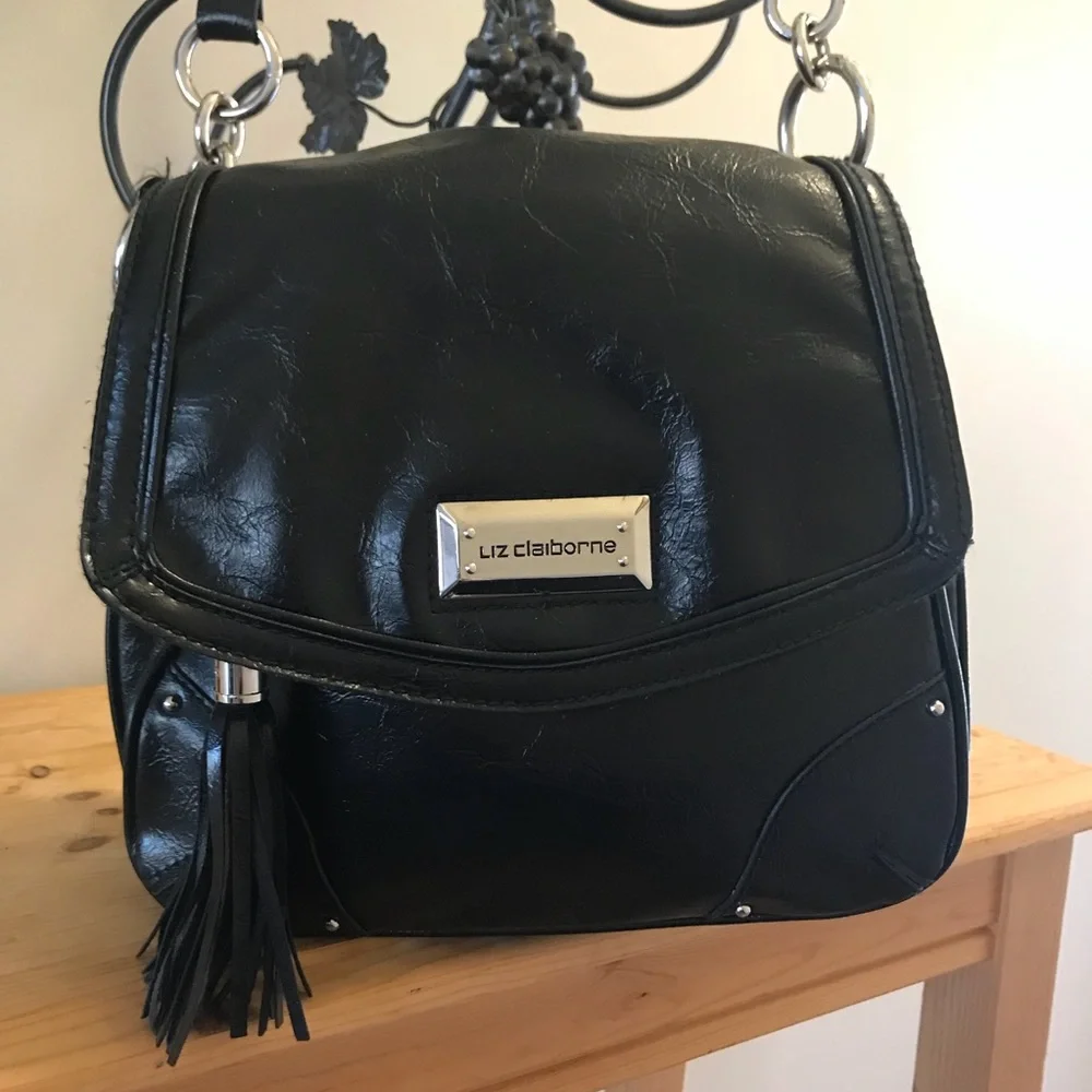 Liz Claiborne Black Faux Leather Purse with Gold Hardware